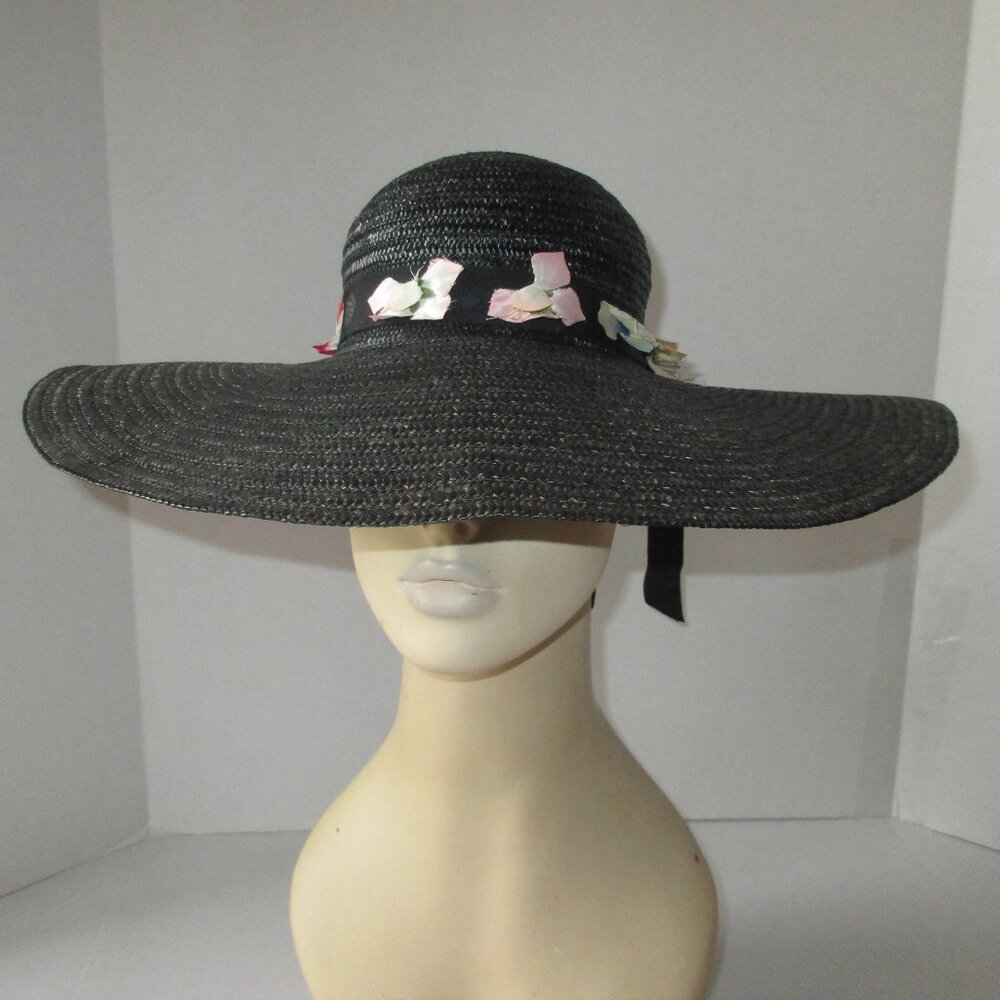 Vintage 1970's Black Wide Brim Straw Cartwheel Hat w/Flowers Made In Italy